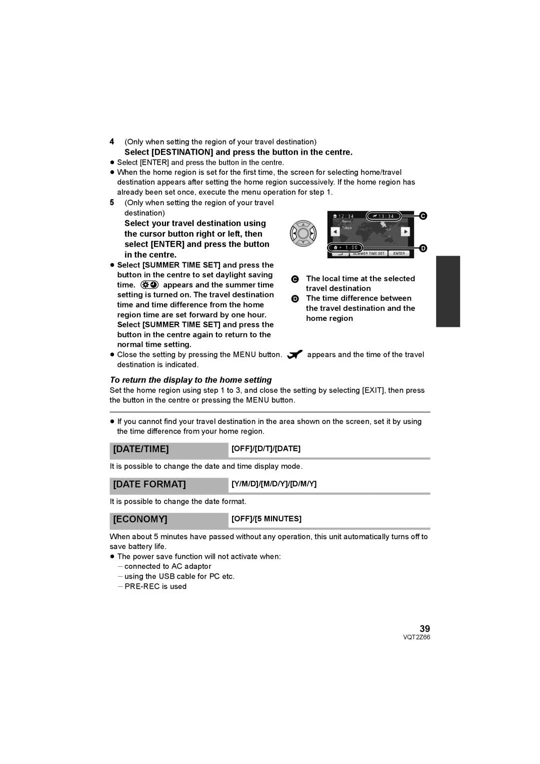 Panasonic HDC-MDH1 operating instructions Date Format, Economy, Date/Timeoff/D/T/Date, OFF/5 Minutes 