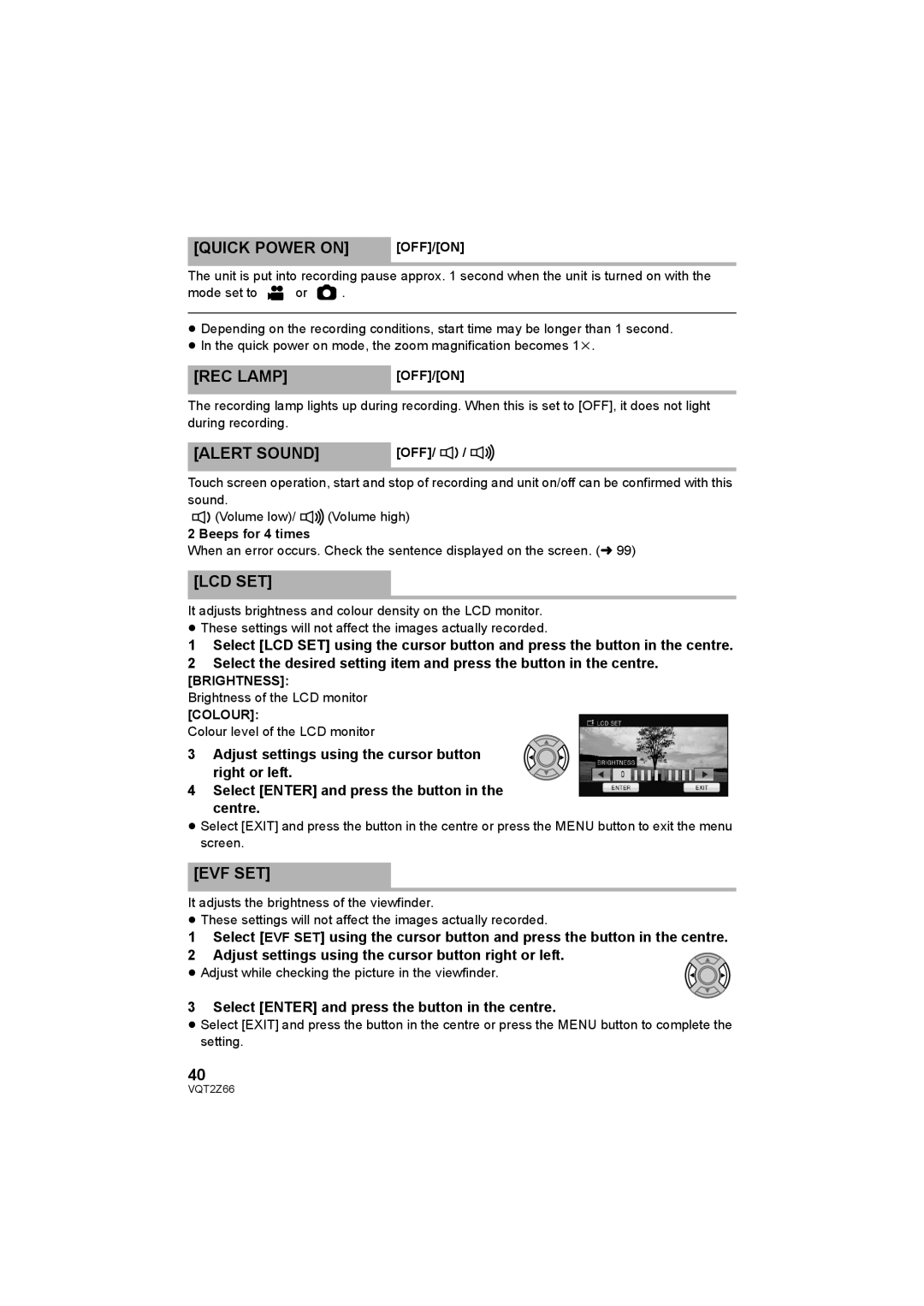 Panasonic HDC-MDH1 operating instructions Quick Power on, REC Lamp, Alert Sound, Lcd Set, Evf Set 