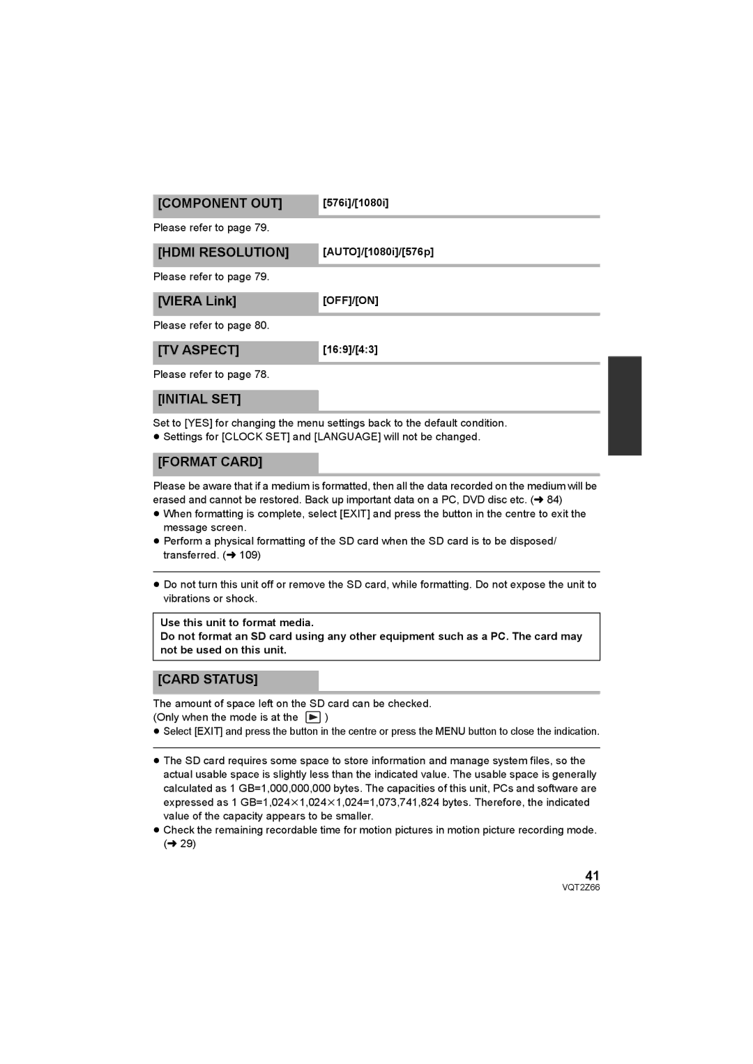 Panasonic HDC-MDH1 operating instructions Component OUT, Hdmi Resolution, TV Aspect, Initial SET, Format Card, Card Status 