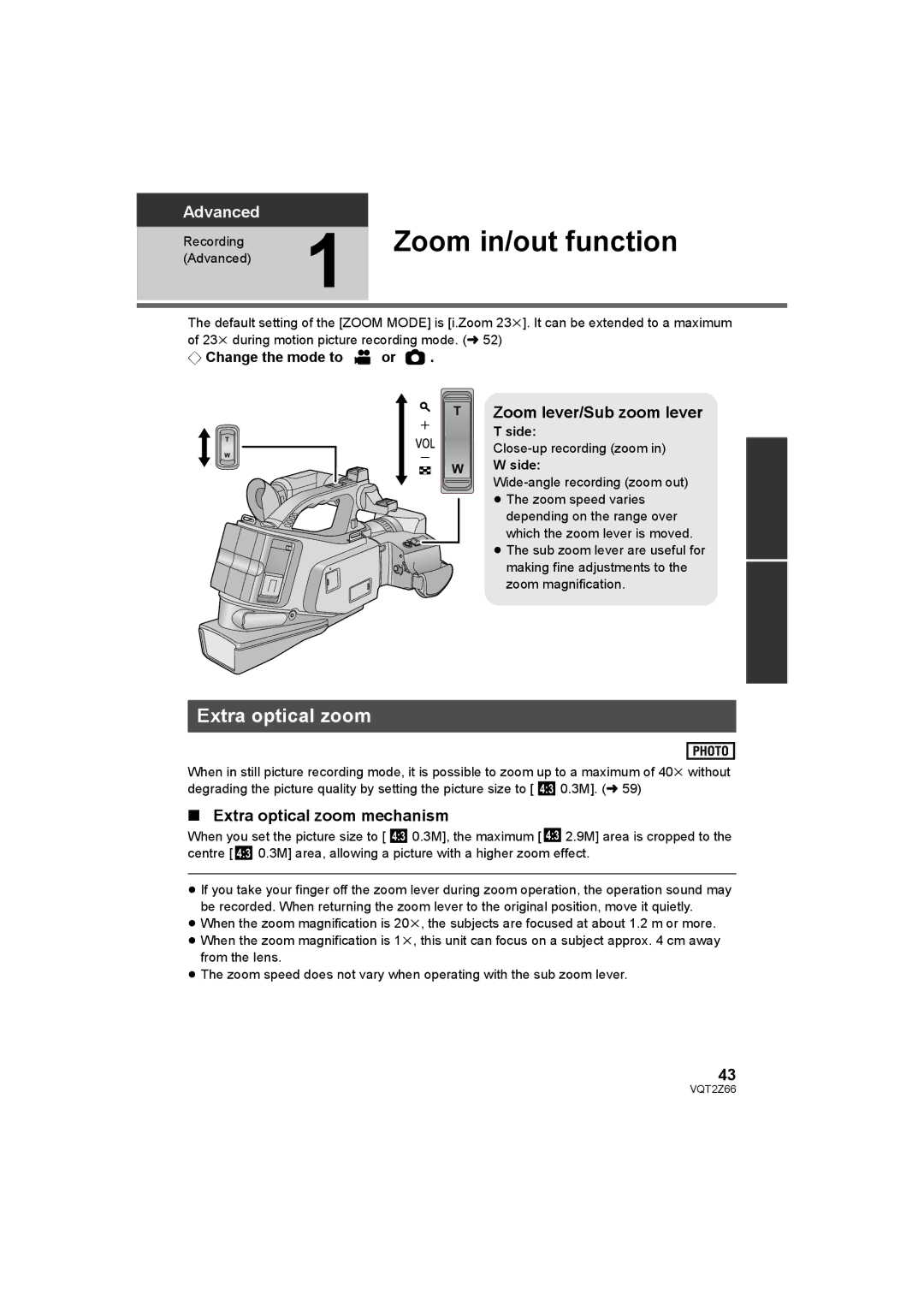 Panasonic HDC-MDH1 Zoom in/out function, Zoom lever/Sub zoom lever, Extra optical zoom mechanism, Side 