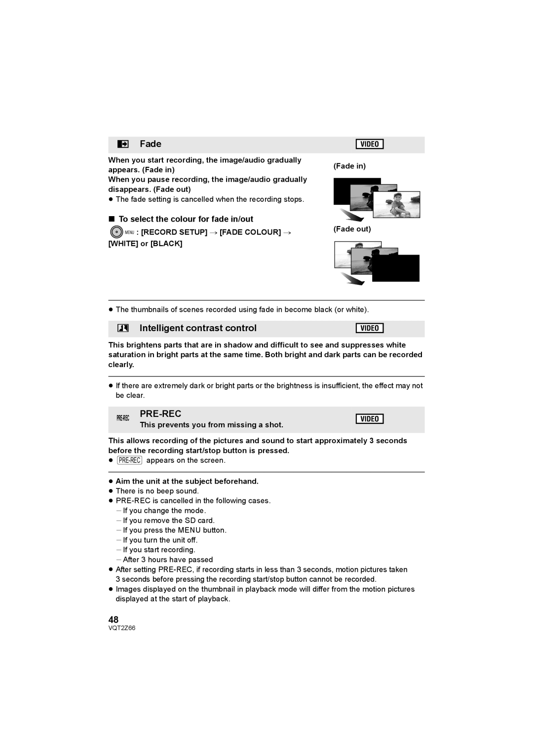 Panasonic HDC-MDH1 Intelligent contrast control, Menu Record Setup # Fade Colour #, Pre-Rec Pre-Rec 