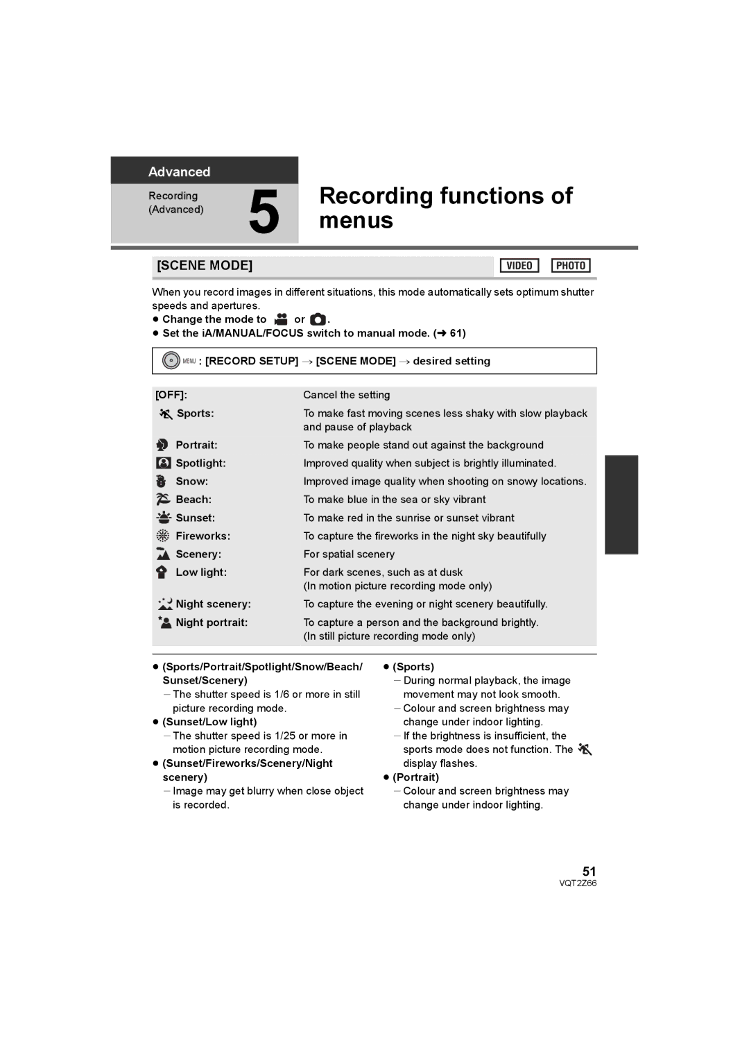 Panasonic HDC-MDH1 operating instructions Menus, Scene Mode 