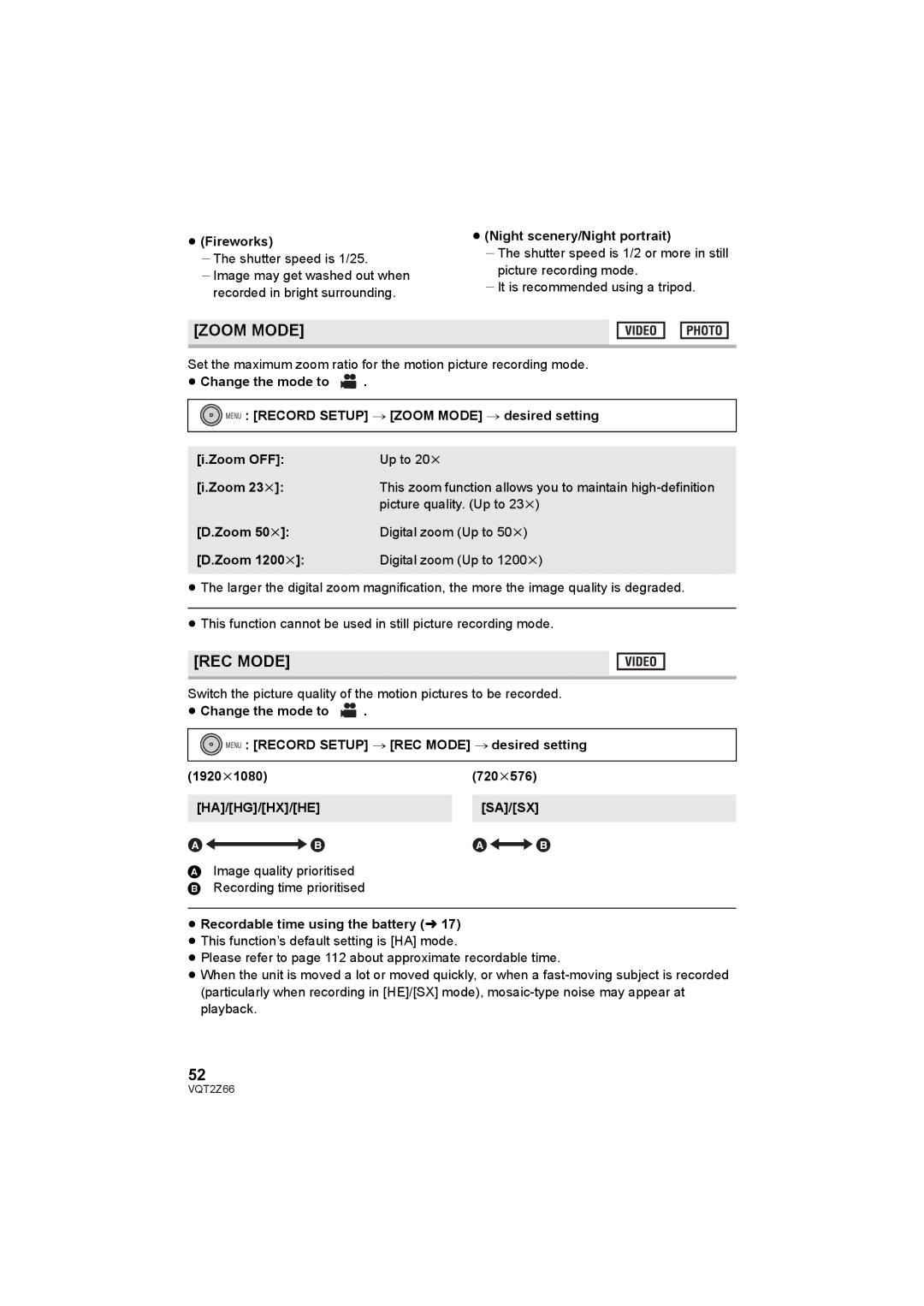 Panasonic HDC-MDH1 operating instructions Zoom Mode, REC Mode 