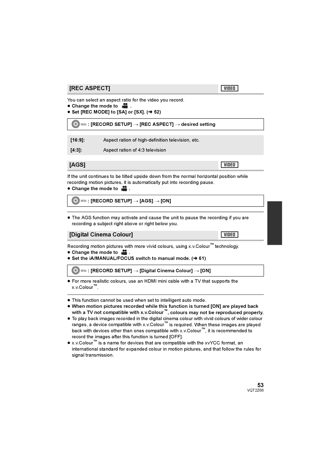 Panasonic HDC-MDH1 REC Aspect, Ags, Digital Cinema Colour, ≥ Change the mode to, Menu Record Setup # AGS # on 