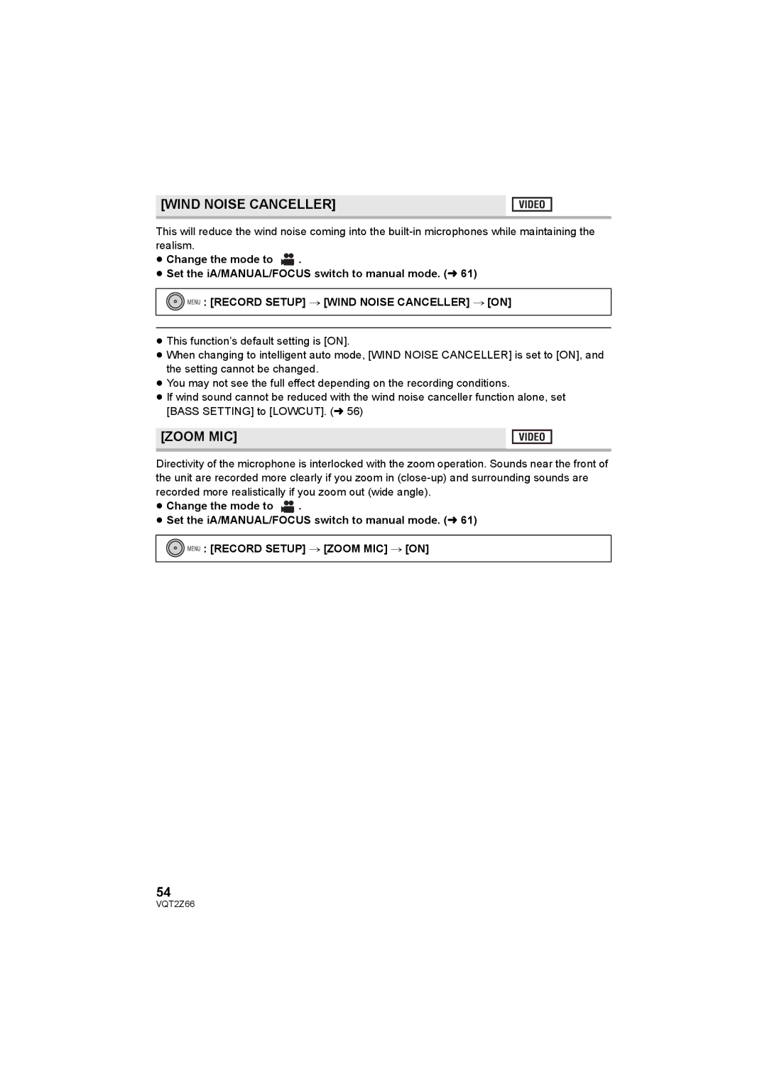 Panasonic HDC-MDH1 Menu Record Setup # Wind Noise Canceller # on, Menu Record Setup # Zoom MIC # on 