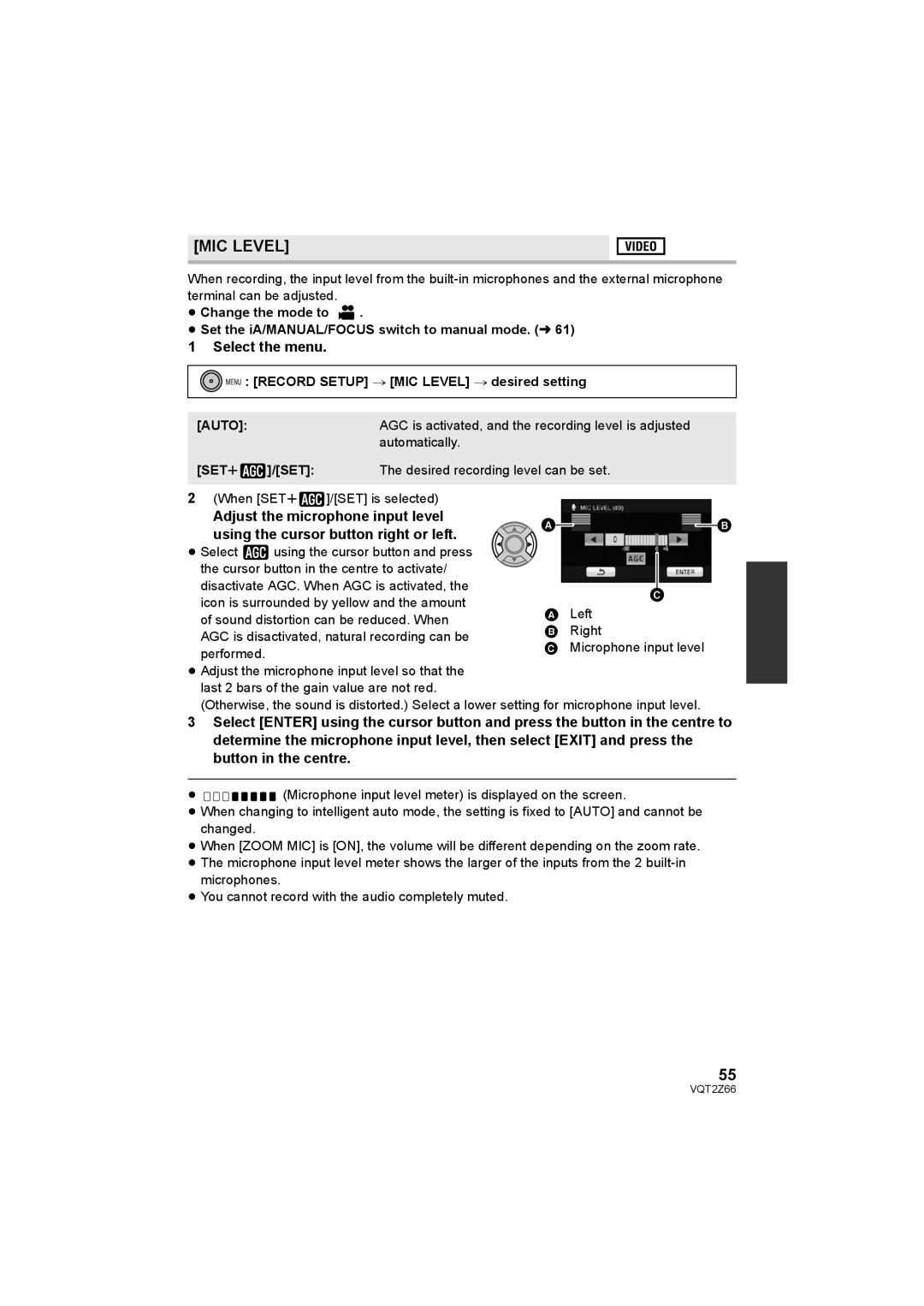 Panasonic HDC-MDH1 operating instructions MIC Level, Auto, SET r 