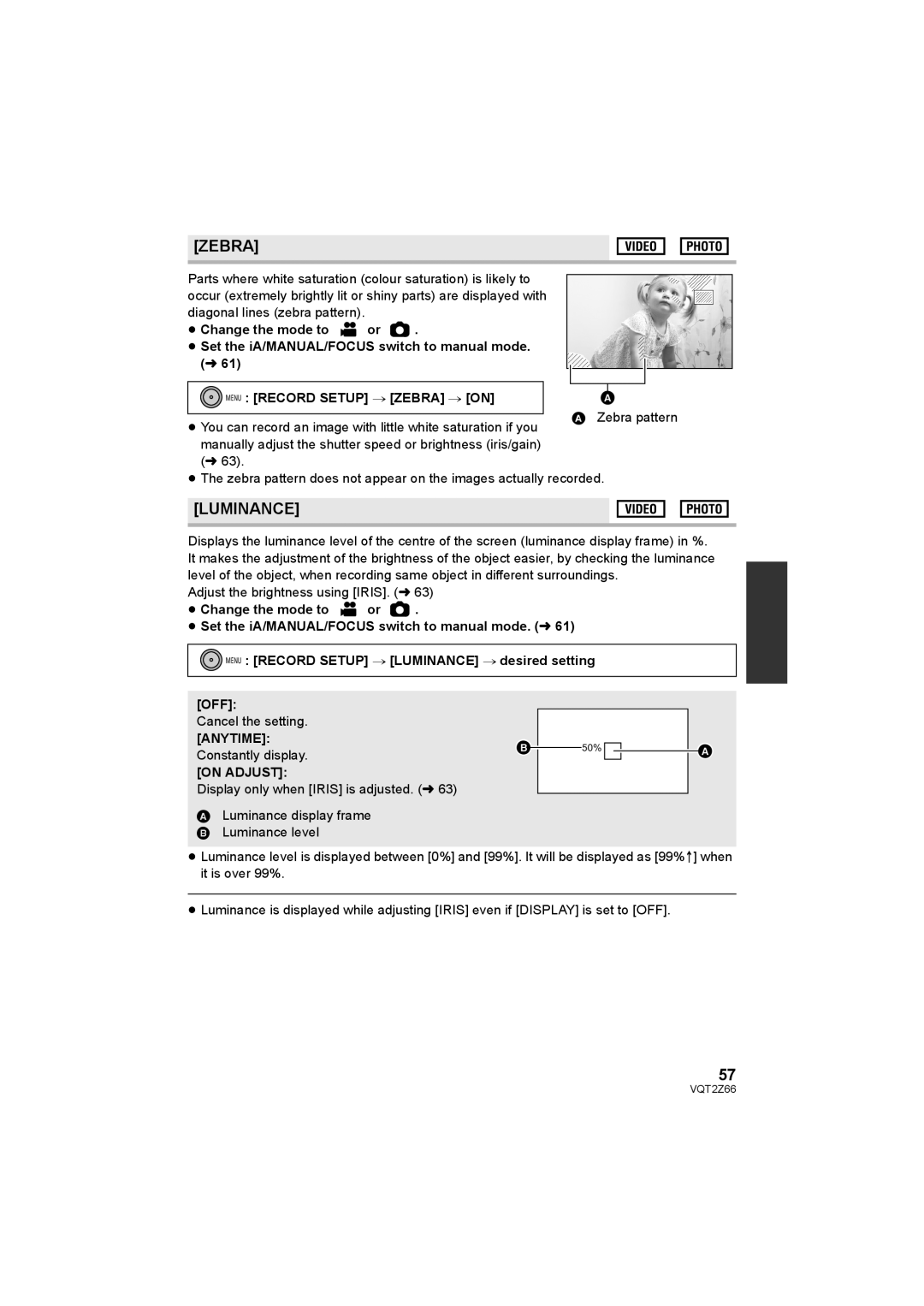 Panasonic HDC-MDH1 operating instructions Luminance, Menu Record Setup # Zebra # on, Anytime, On Adjust 