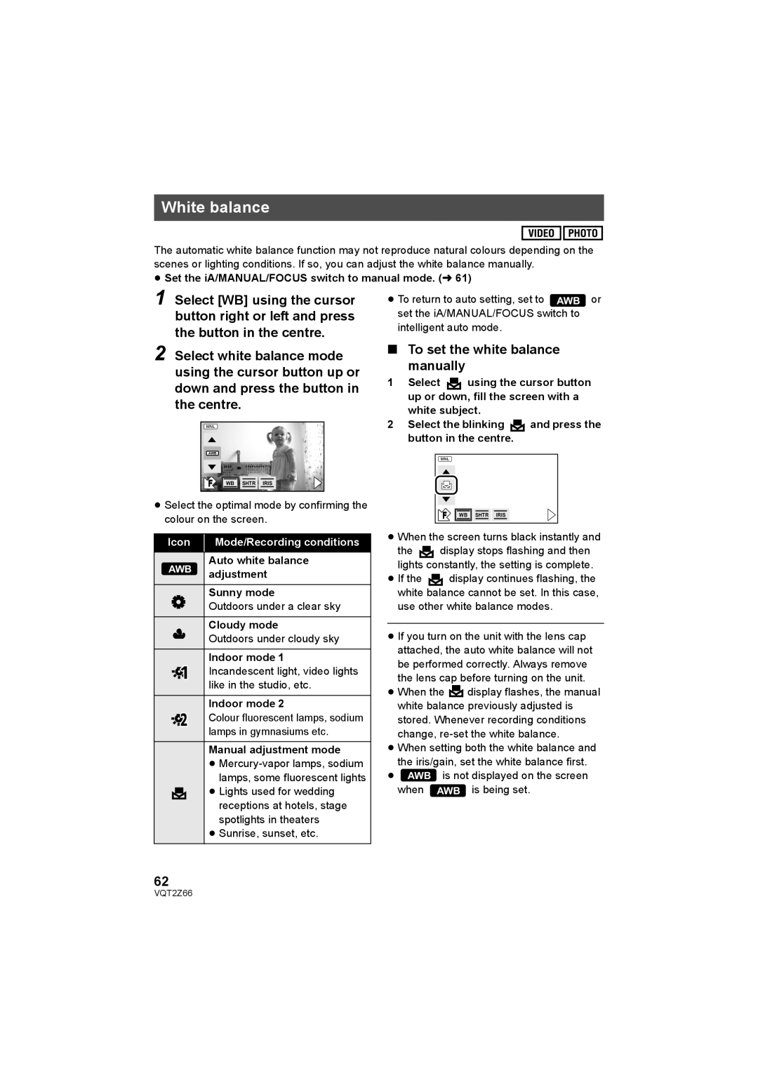 Panasonic HDC-MDH1 operating instructions White balance, To set the white balance Manually 