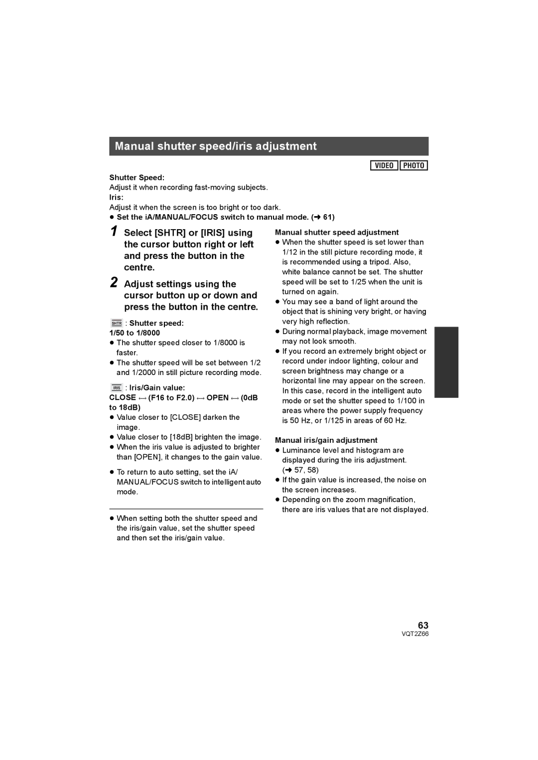 Panasonic HDC-MDH1 operating instructions Manual shutter speed/iris adjustment 