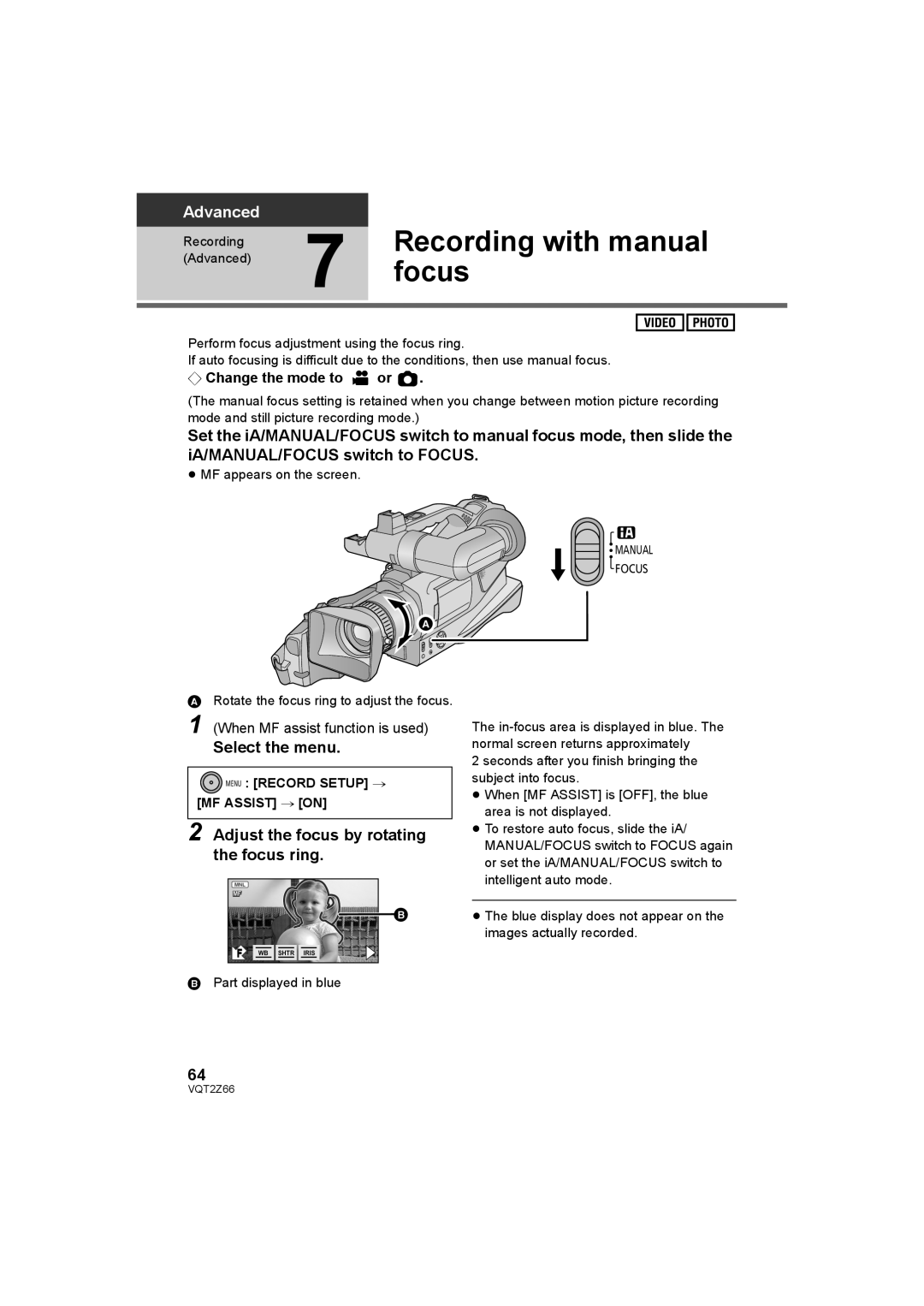 Panasonic HDC-MDH1 operating instructions Recording with manual, Focus, Adjust the focus by rotating the focus ring 