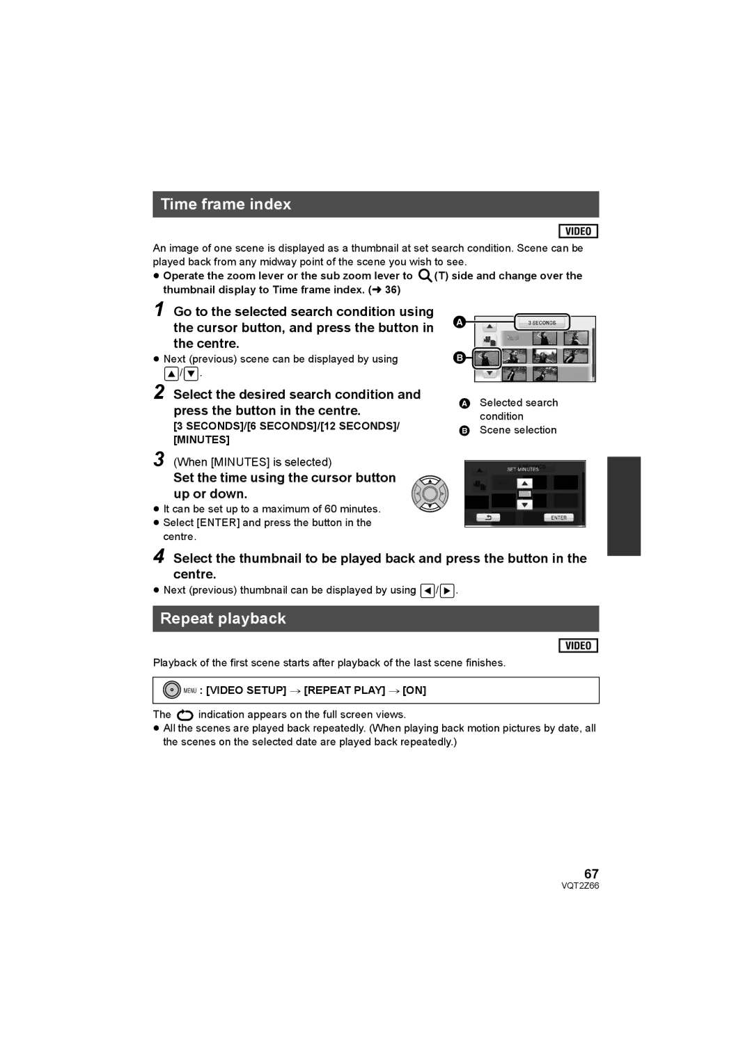 Panasonic HDC-MDH1 Time frame index, Repeat playback, Set the time using the cursor button up or down 