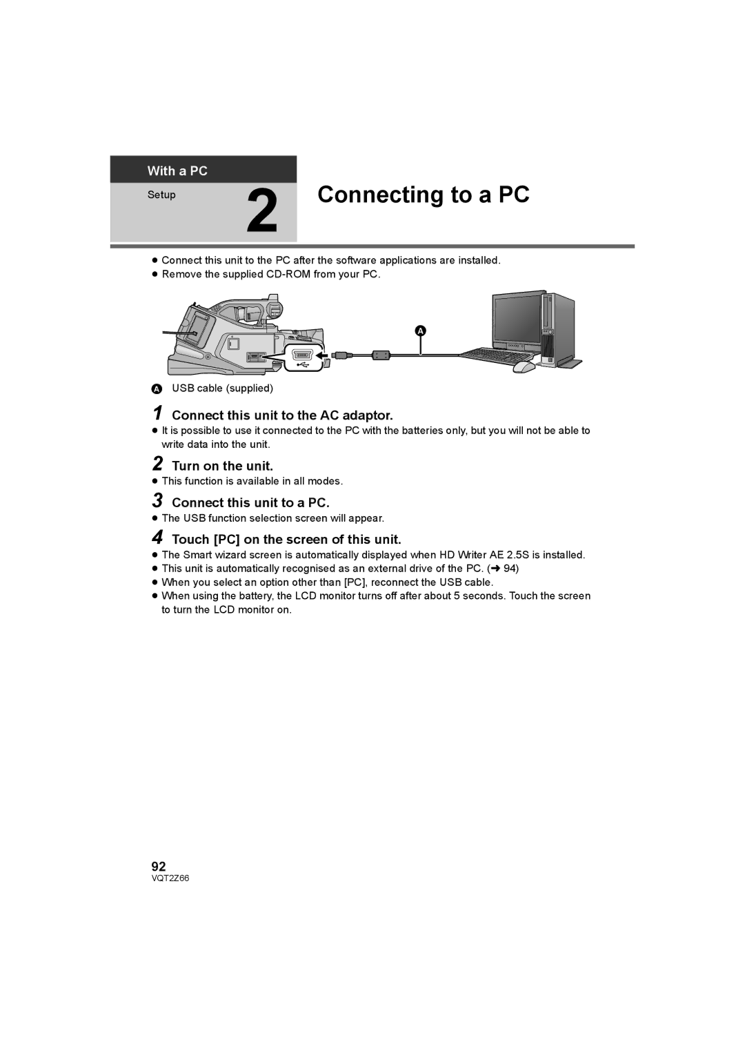 Panasonic HDC-MDH1 Connecting to a PC, Connect this unit to the AC adaptor, Turn on the unit, Connect this unit to a PC 