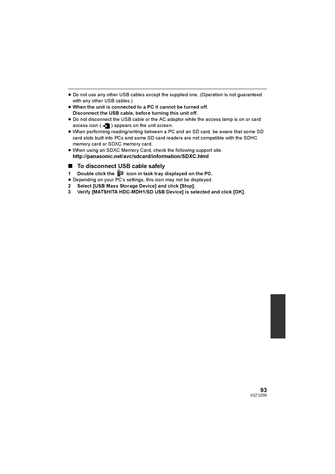 Panasonic HDC-MDH1 To disconnect USB cable safely, Double click the icon in task tray displayed on the PC 