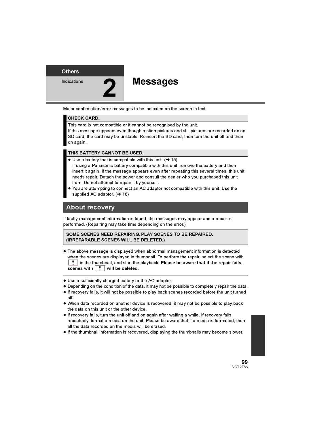 Panasonic HDC-MDH1 About recovery, Check Card, This Battery Cannot be Used, Scenes with will be deleted 