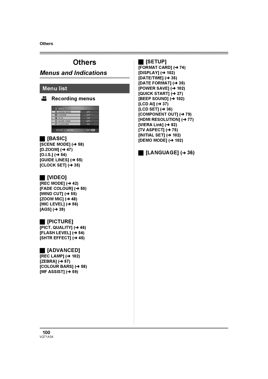 Panasonic HDC-SD1 operating instructions Menus and Indications, Menu list 