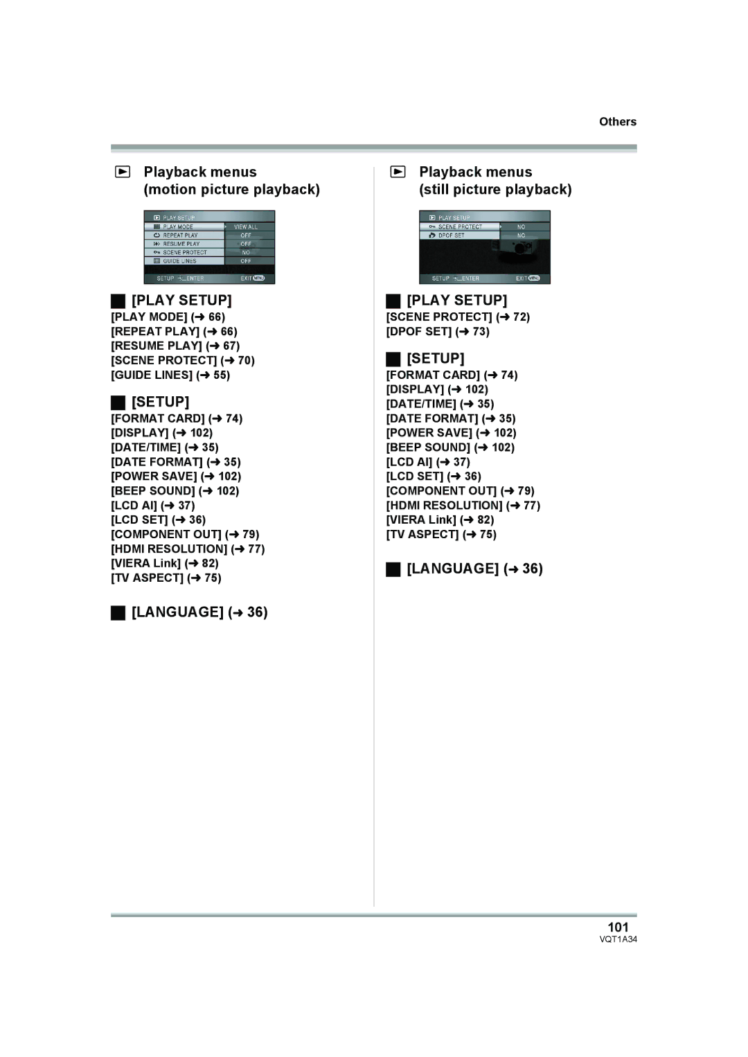 Panasonic HDC-SD1 Playback menus Motion picture playback Play Setup, 101, Scene Protect l 72 Dpof SET l 