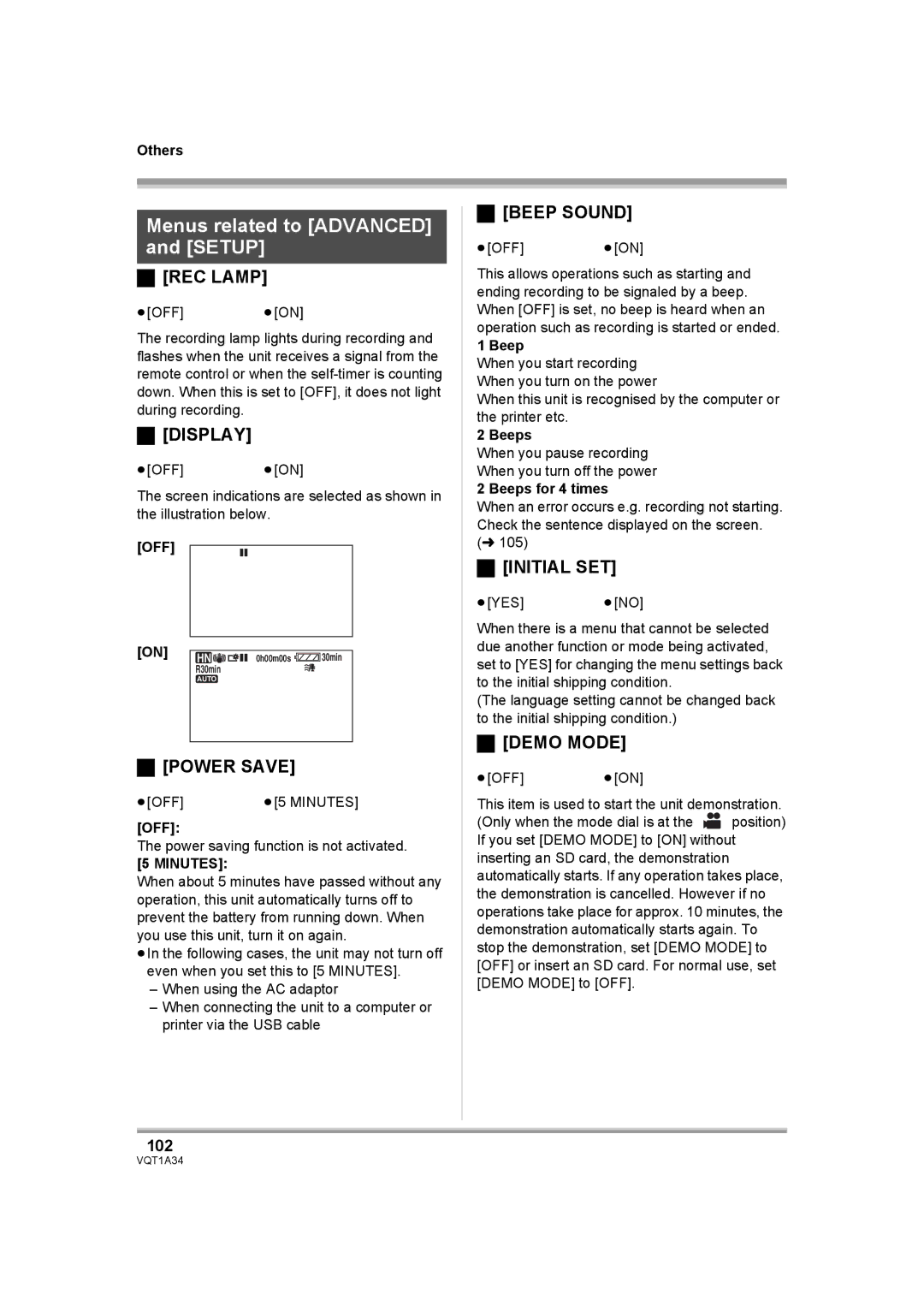 Panasonic HDC-SD1 operating instructions Menus related to Advanced and Setup 