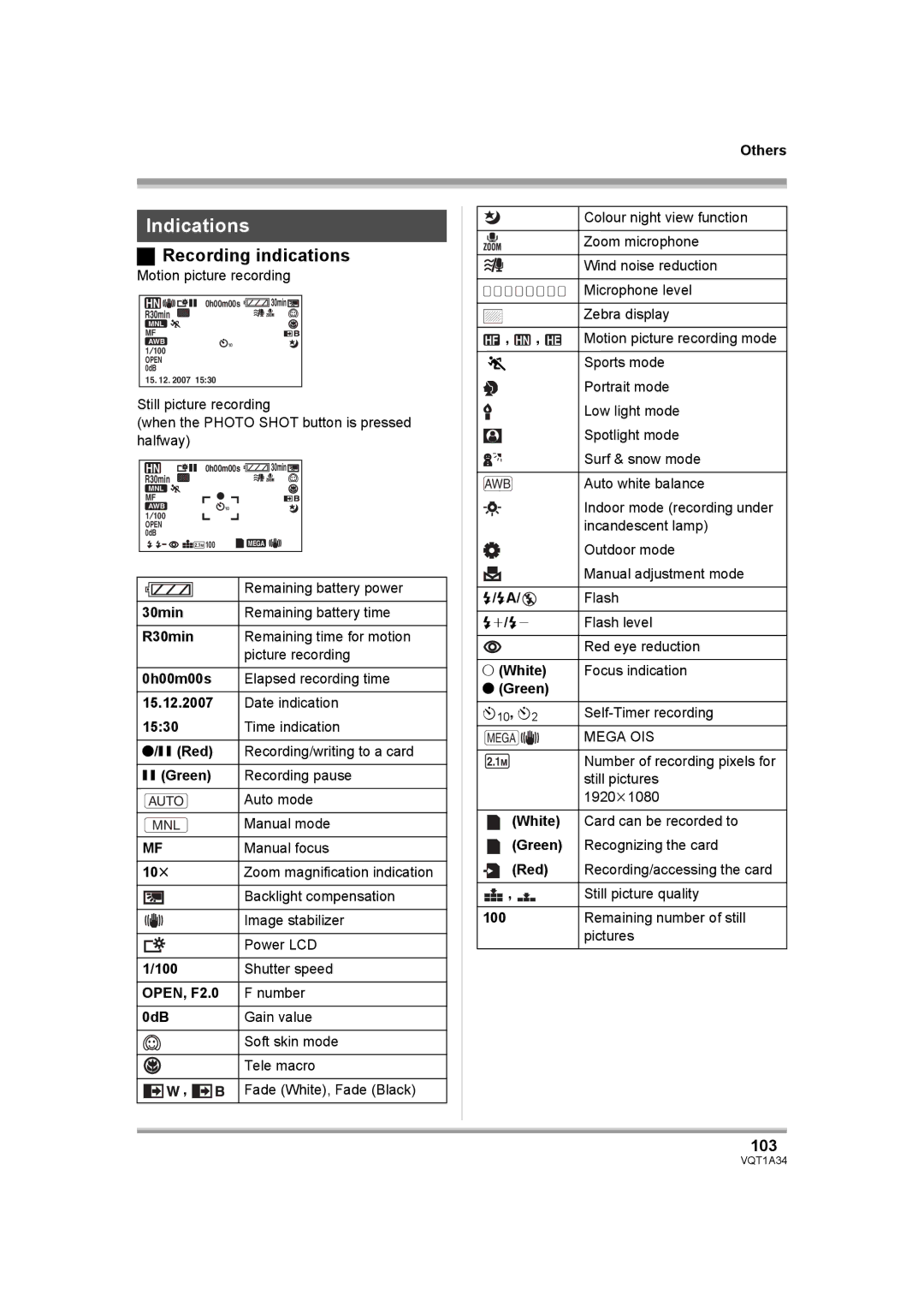 Panasonic HDC-SD1 operating instructions Indications, Recording indications, 103 