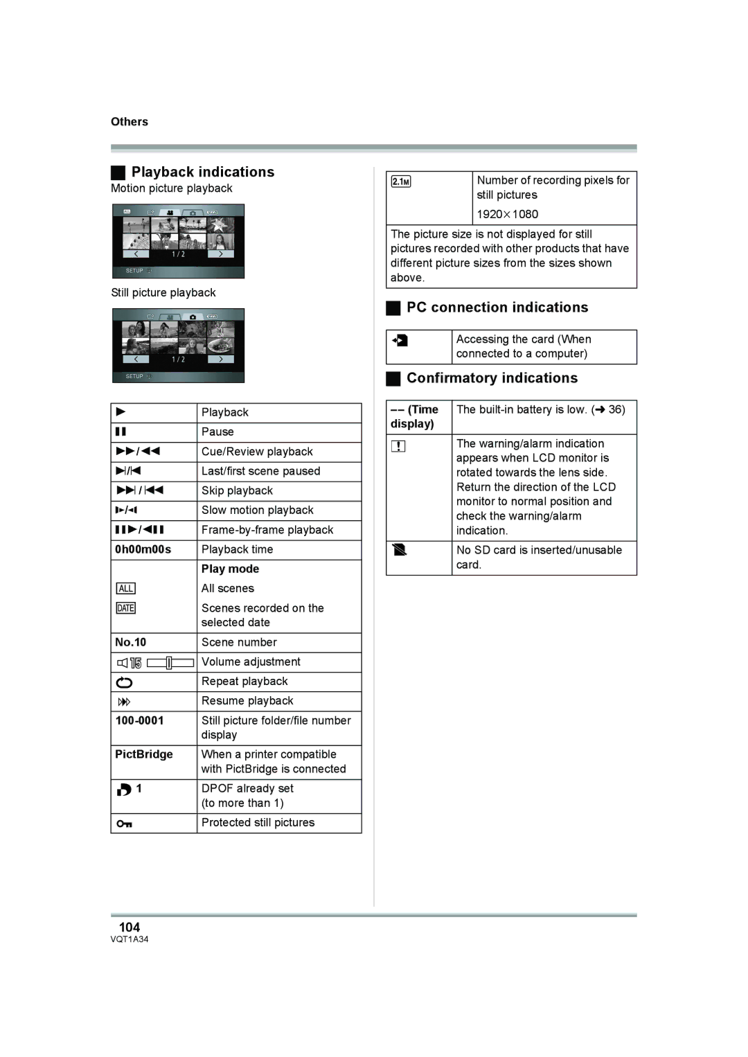 Panasonic HDC-SD1 operating instructions Playback indications, PC connection indications, Confirmatory indications, 104 