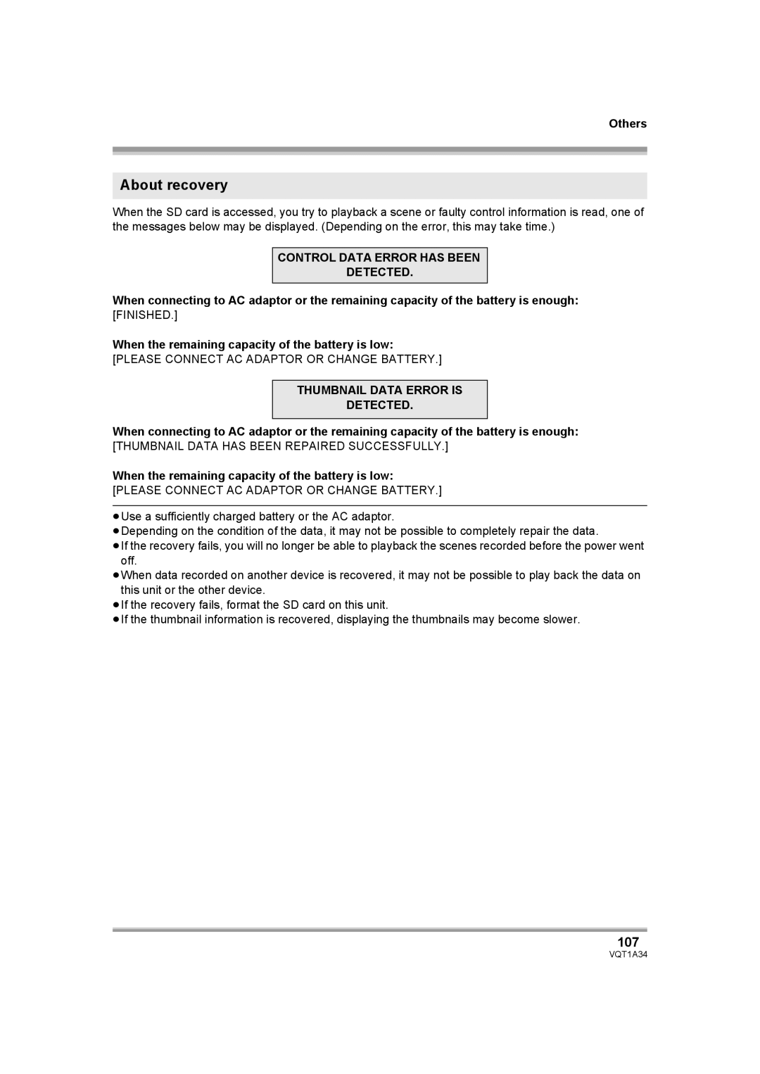 Panasonic HDC-SD1 operating instructions About recovery, 107 