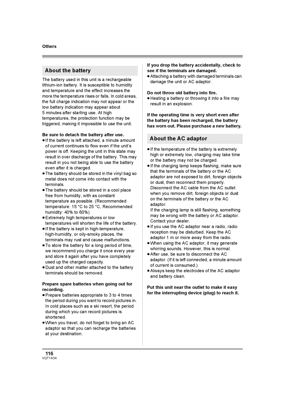 Panasonic HDC-SD1 operating instructions About the battery, About the AC adaptor, 116 