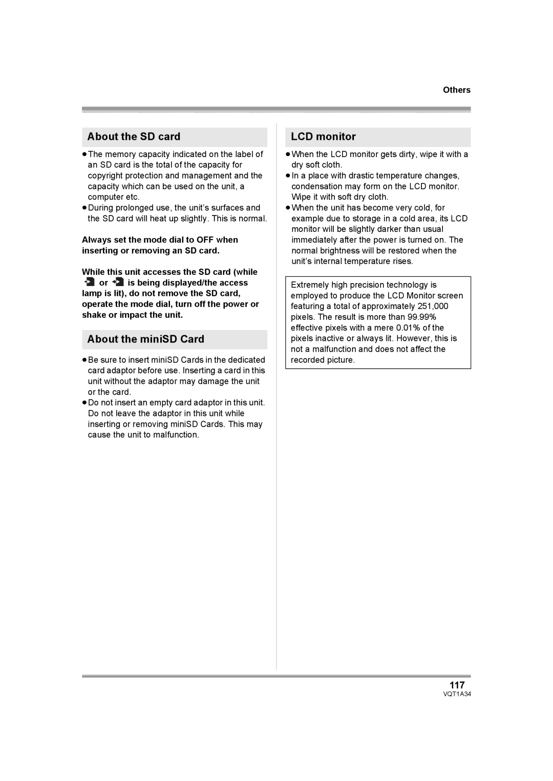 Panasonic HDC-SD1 operating instructions About the SD card, About the miniSD Card, LCD monitor, 117 