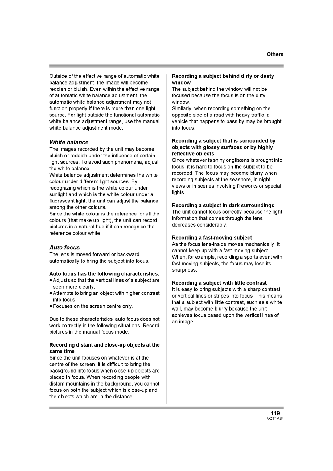 Panasonic HDC-SD1 operating instructions White balance, Auto focus, 119 