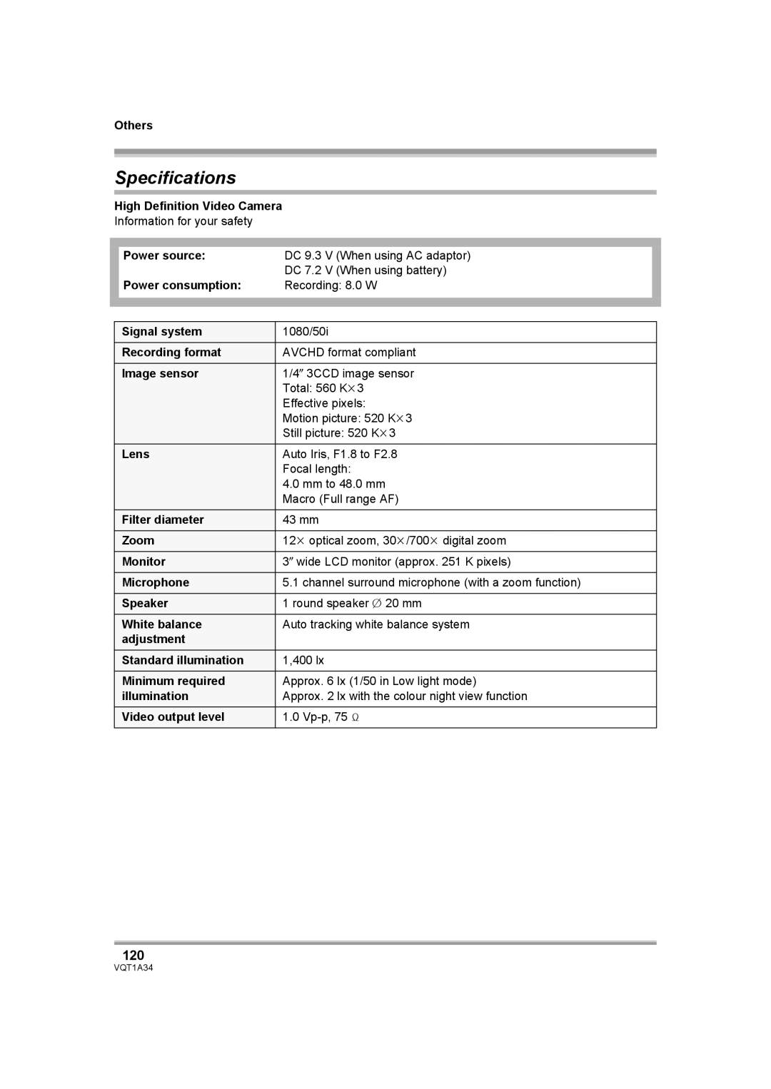 Panasonic HDC-SD1 operating instructions Specifications, 120 