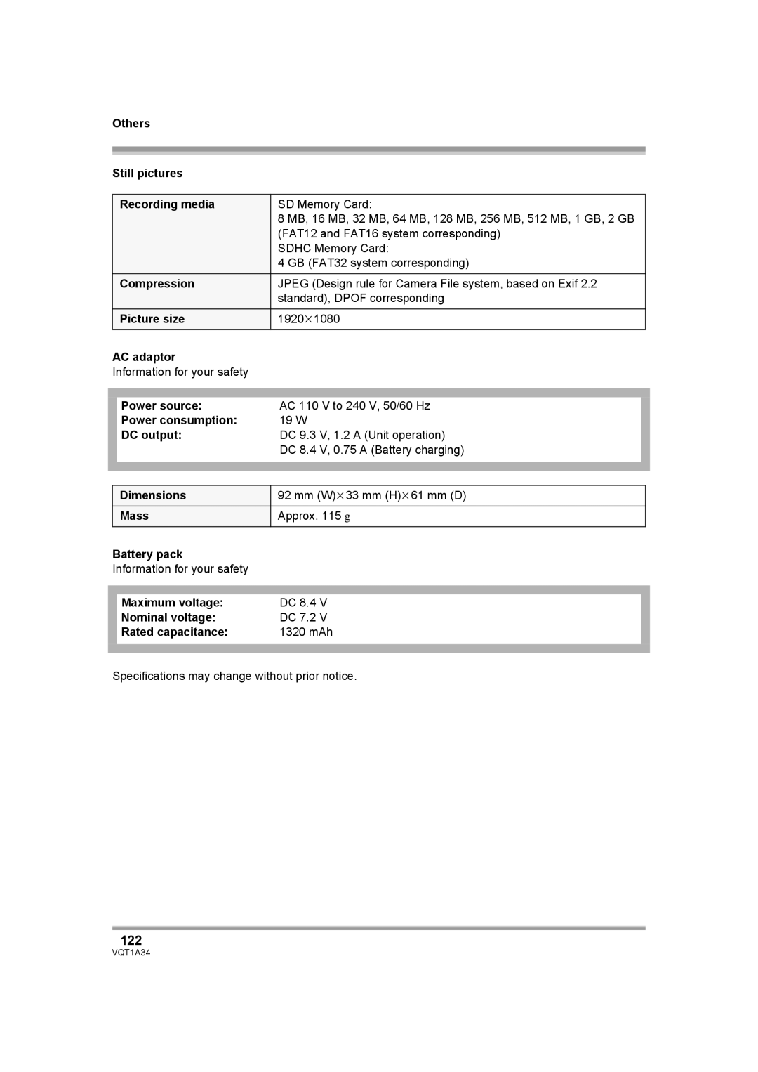 Panasonic HDC-SD1 operating instructions 122 