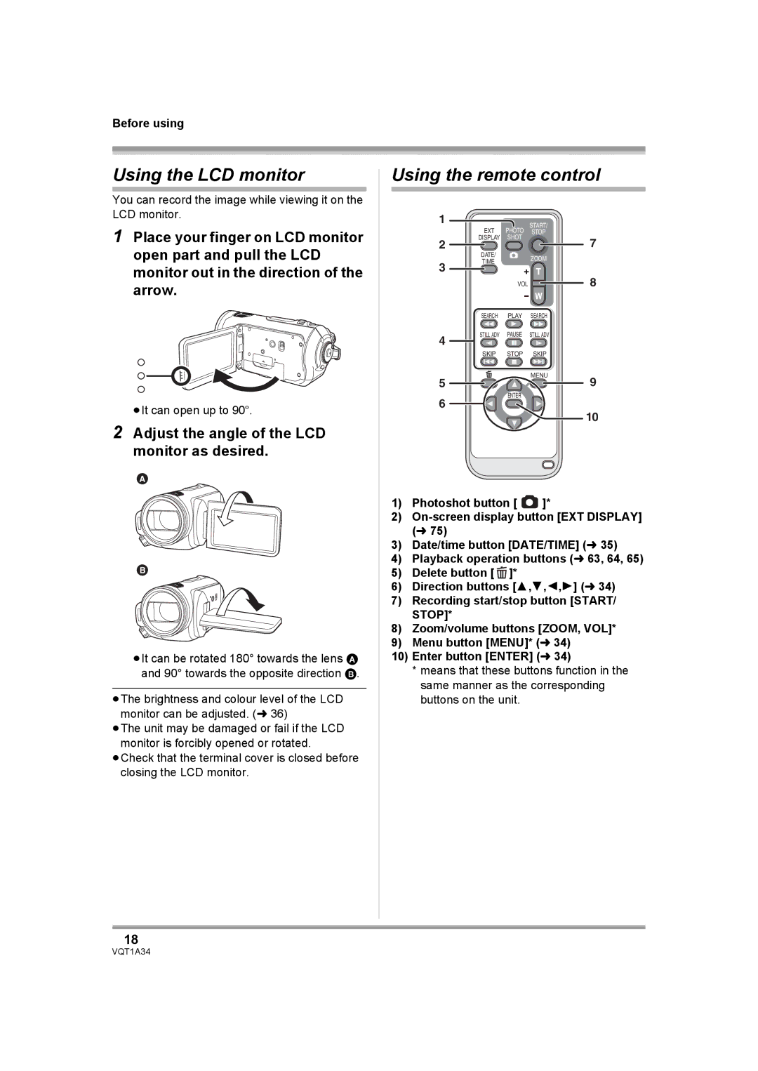 Panasonic HDC-SD1 Using the LCD monitor, Using the remote control, Adjust the angle of the LCD monitor as desired 