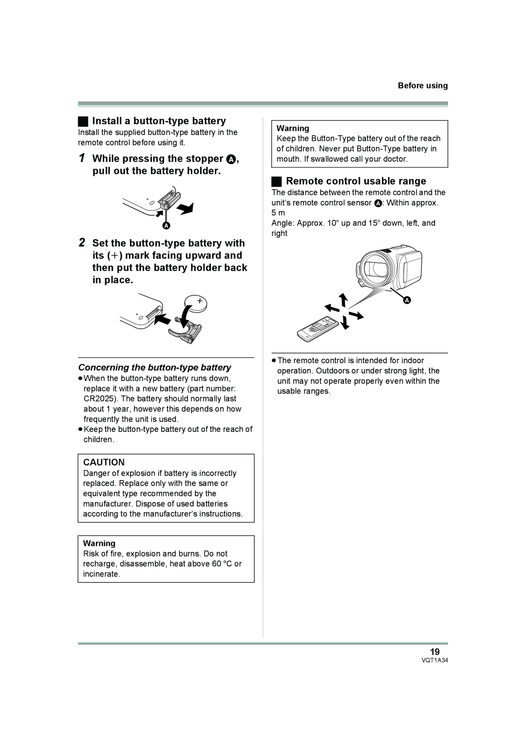 Panasonic HDC-SD1 Install a button-type battery, Remote control usable range, Concerning the button-type battery 