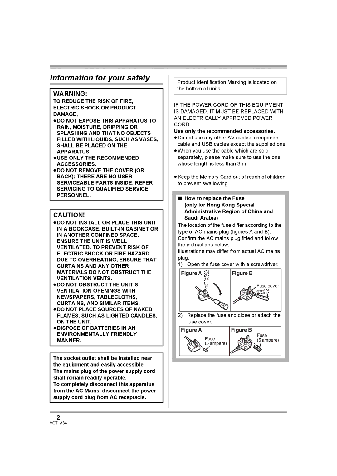 Panasonic HDC-SD1 operating instructions Information for your safety, Replace the fuse and close or attach the fuse cover 