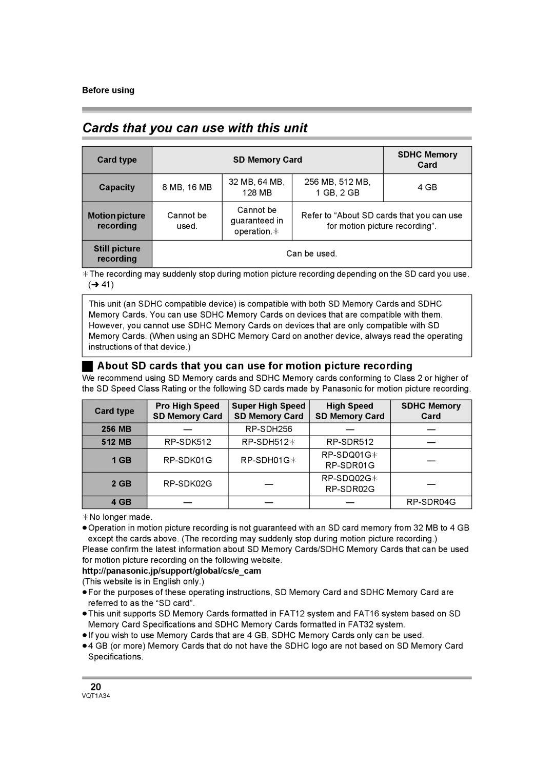 Panasonic HDC-SD1 operating instructions Cards that you can use with this unit 