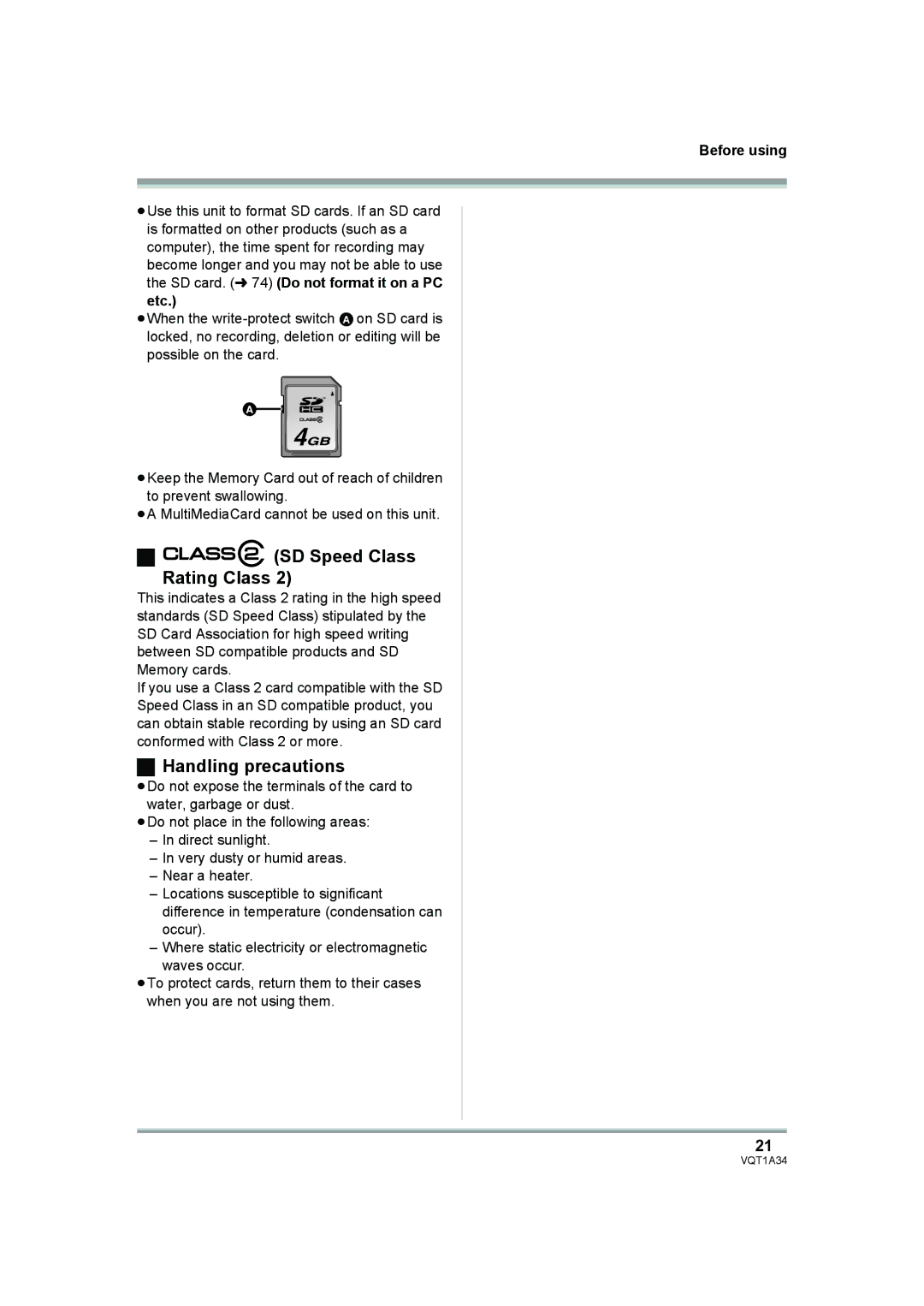 Panasonic HDC-SD1 operating instructions SD Speed Class Rating Class, Handling precautions 