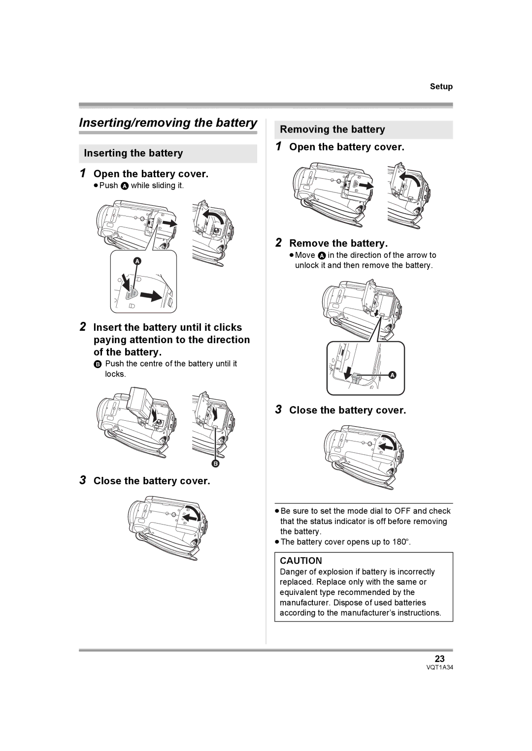 Panasonic HDC-SD1 operating instructions Inserting/removing the battery, Inserting the battery Open the battery cover 