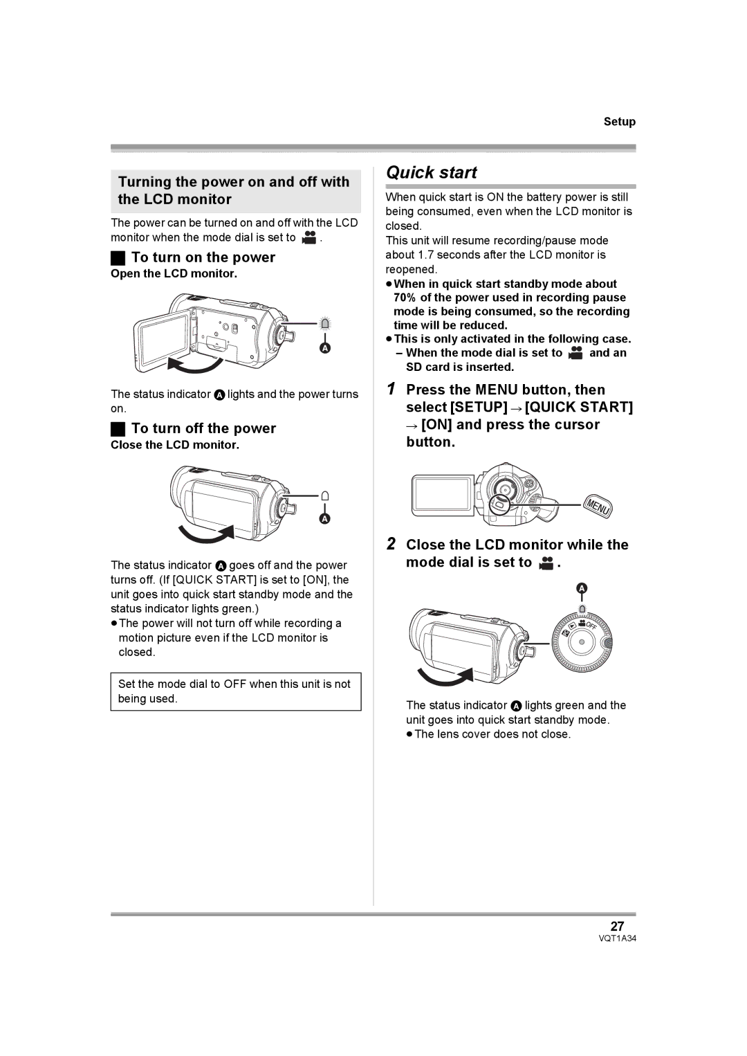 Panasonic HDC-SD1 Quick start, Turning the power on and off with the LCD monitor, To turn on the power 