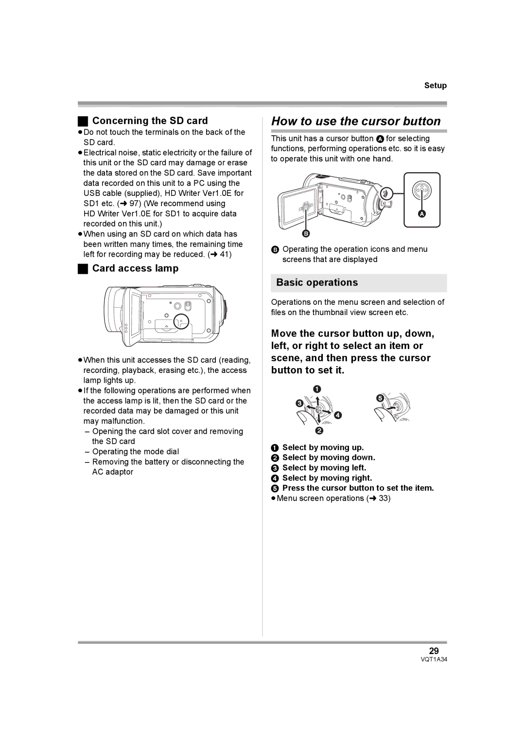 Panasonic HDC-SD1 How to use the cursor button, Concerning the SD card, Card access lamp, Basic operations 