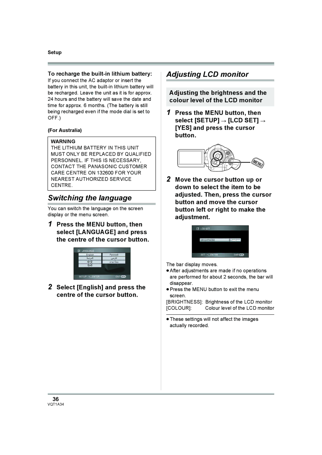 Panasonic HDC-SD1 Switching the language, Adjusting LCD monitor, To recharge the built-in lithium battery, For Australia 