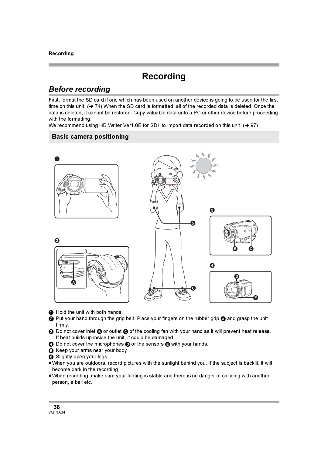 Panasonic HDC-SD1 operating instructions Before recording, Basic camera positioning, Recording 