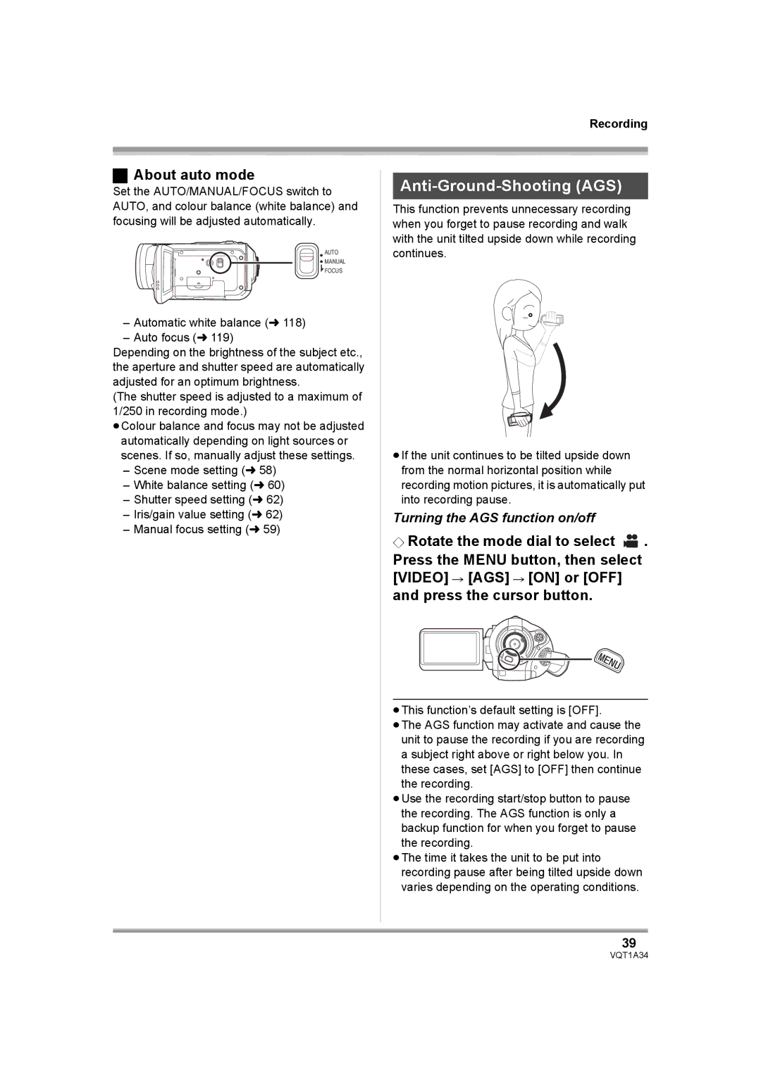 Panasonic HDC-SD1 operating instructions Anti-Ground-Shooting AGS, About auto mode, Turning the AGS function on/off 