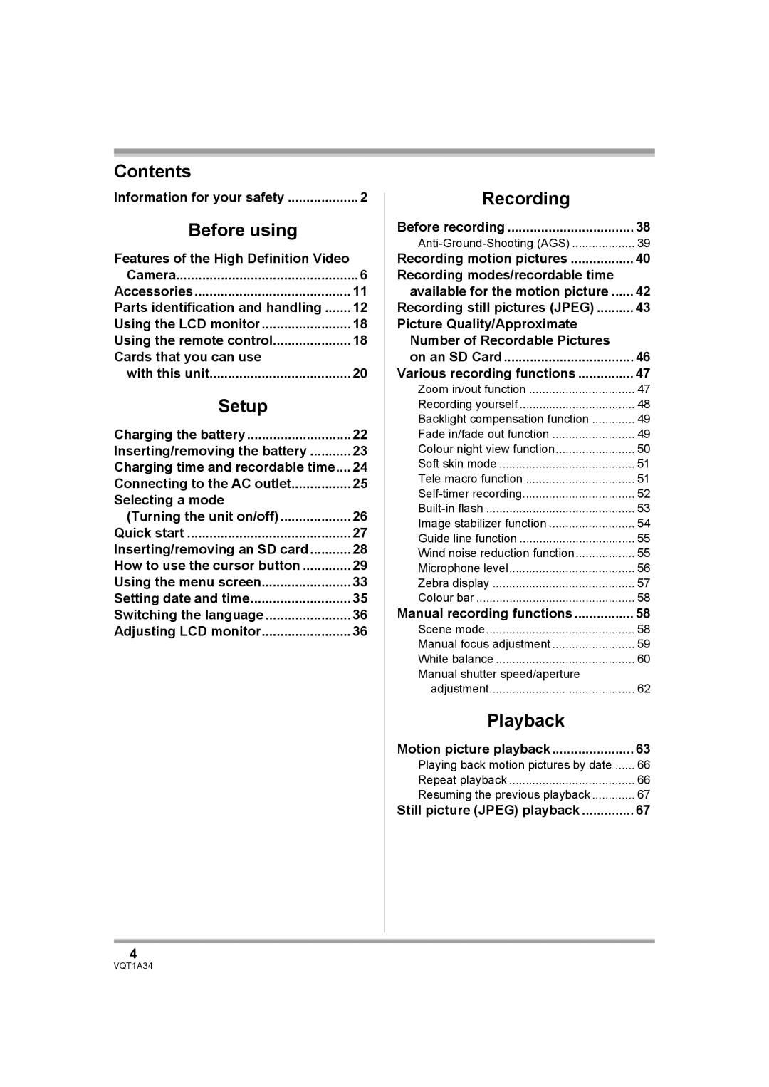 Panasonic HDC-SD1 Information for your safety, Before recording, Manual recording functions, Motion picture playback 