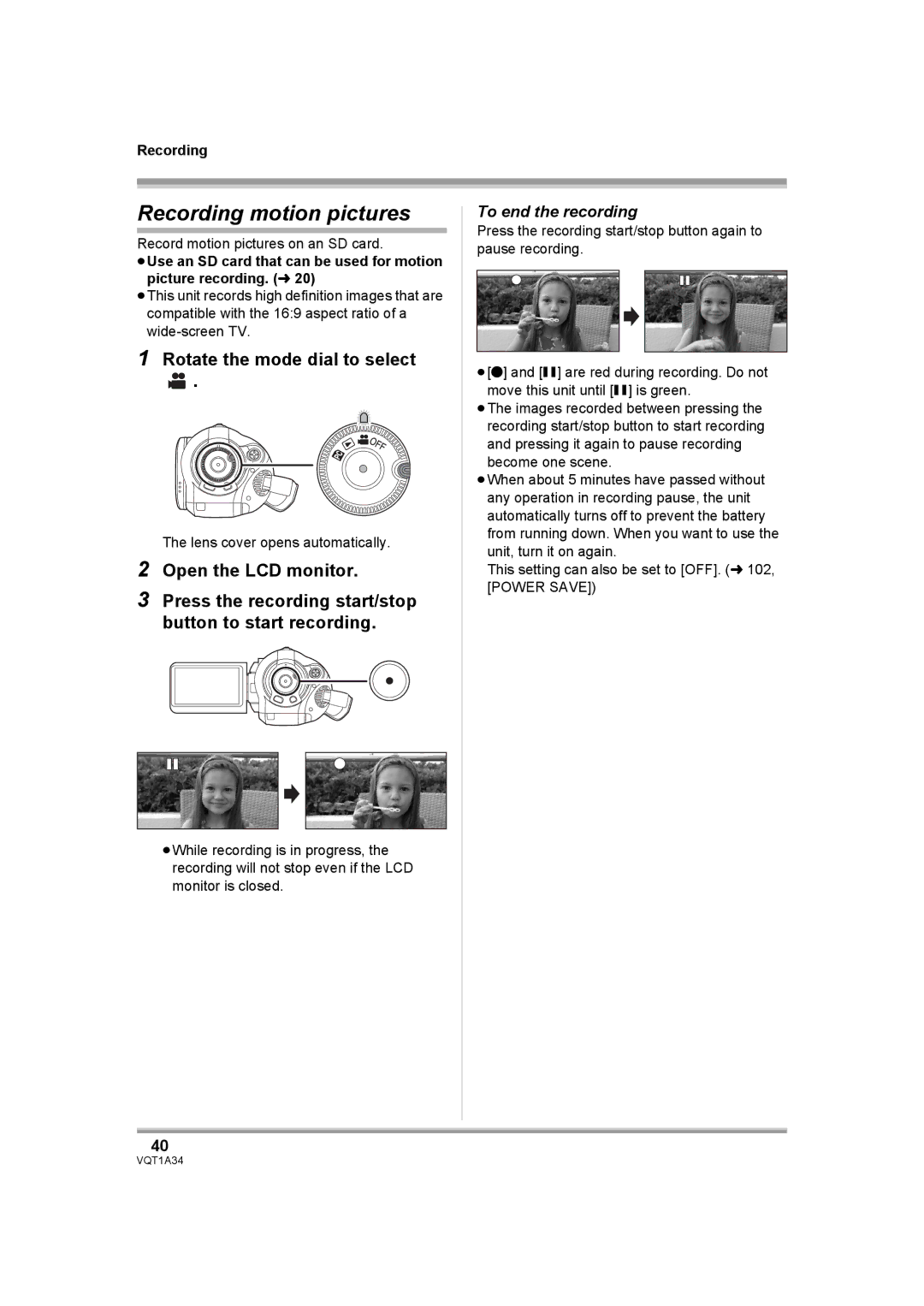 Panasonic HDC-SD1 operating instructions Recording motion pictures, Rotate the mode dial to select, To end the recording 