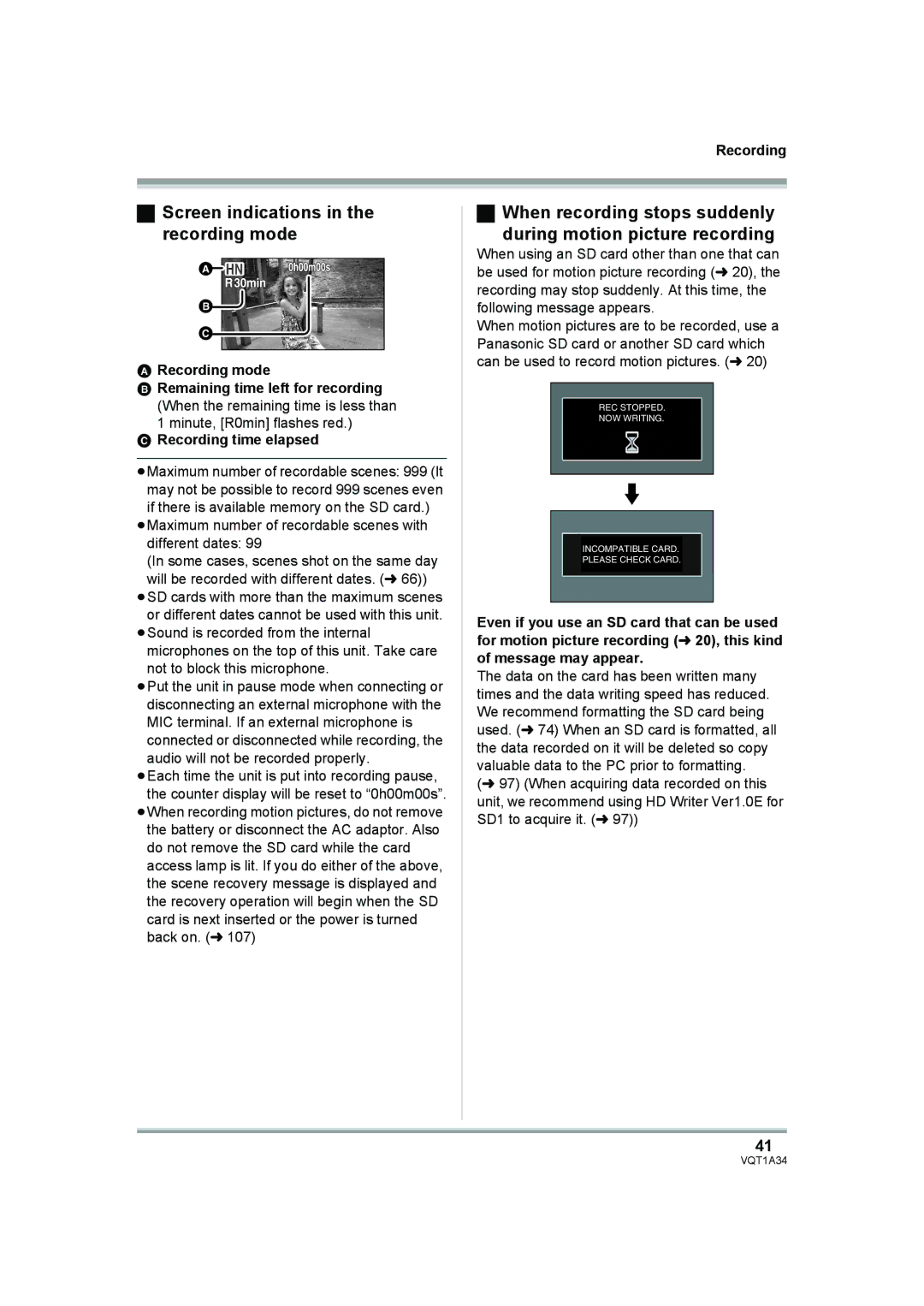 Panasonic HDC-SD1 Screen indications in the recording mode, Recording mode Remaining time left for recording 