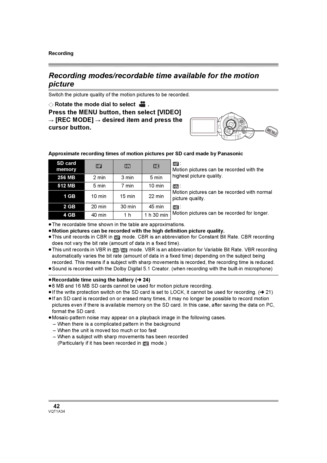 Panasonic HDC-SD1 operating instructions Min, ≥Recordable time using the battery l 