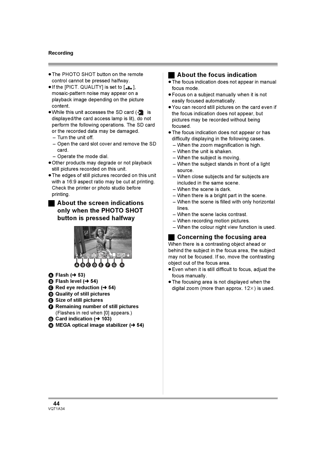 Panasonic HDC-SD1 operating instructions About the focus indication, Concerning the focusing area 