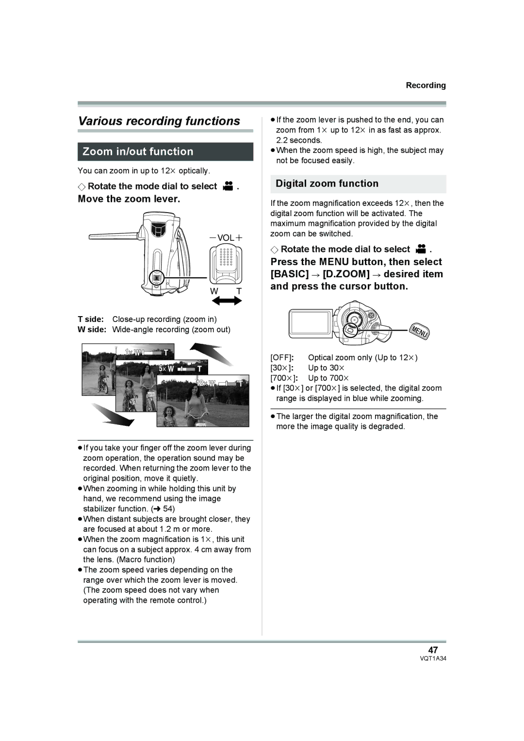 Panasonic HDC-SD1 Various recording functions, Zoom in/out function, Move the zoom lever, Digital zoom function 