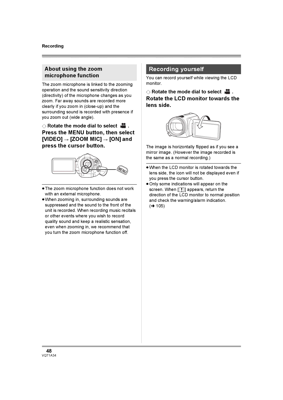 Panasonic HDC-SD1 operating instructions Recording yourself, About using the zoom microphone function 