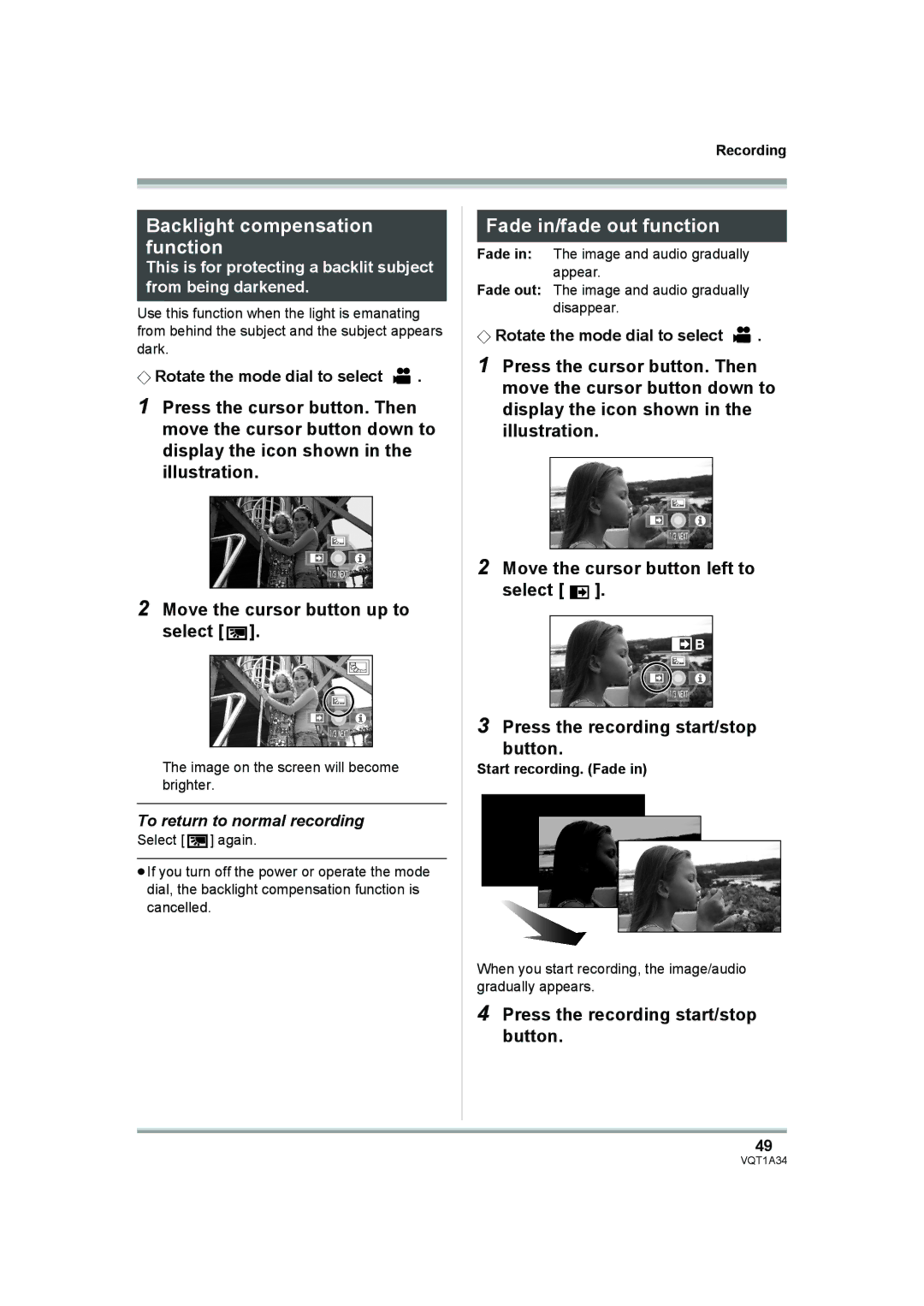 Panasonic HDC-SD1 Backlight compensation function, Fade in/fade out function, Press the recording start/stop button 