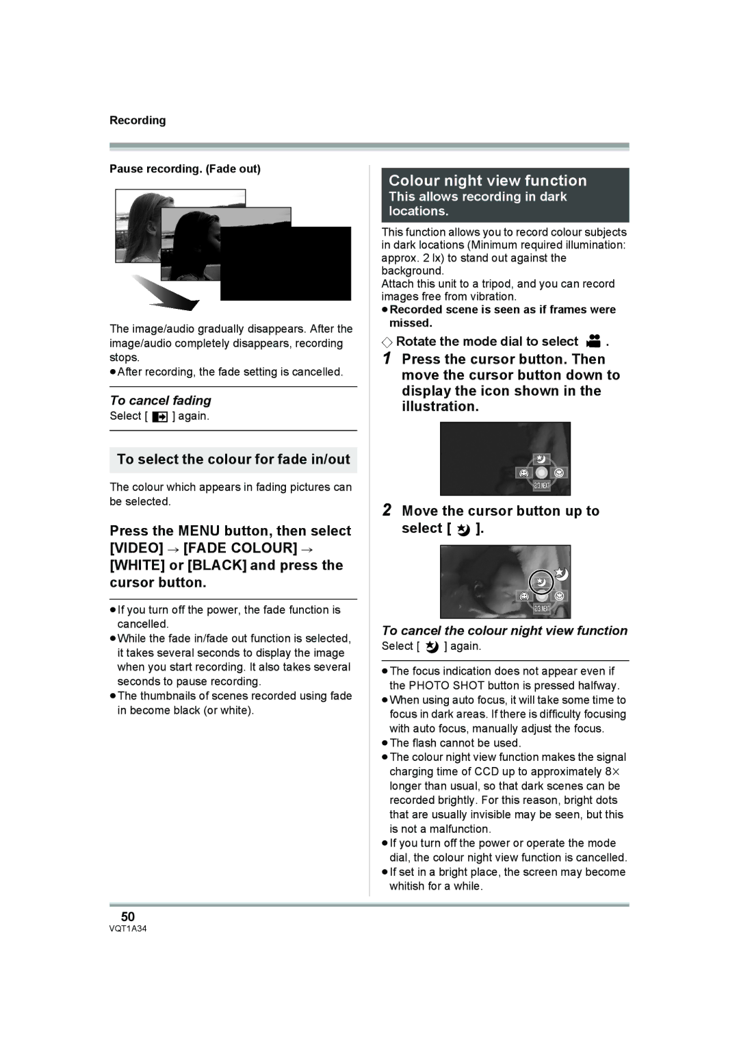 Panasonic HDC-SD1 operating instructions Colour night view function, To select the colour for fade in/out, To cancel fading 