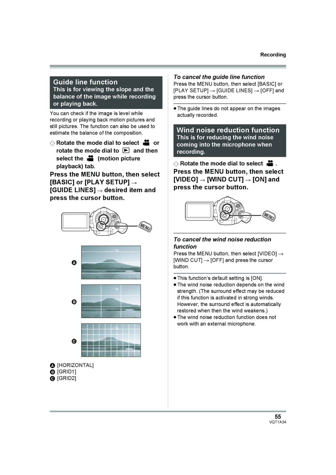 Panasonic HDC-SD1 Guide line function, Wind noise reduction function, To cancel the guide line function 